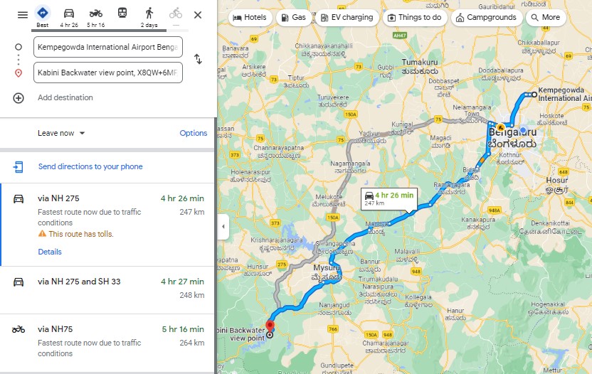 Route Map - Bangalore International Airport to Kabini, Nagarhole National Park